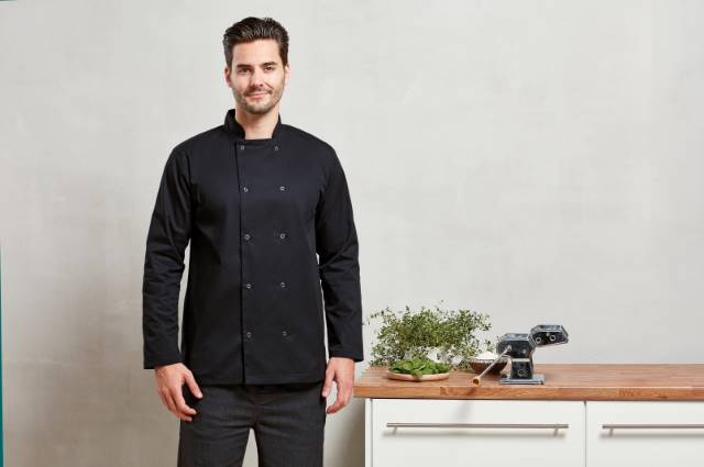 Premier Workwear Chef’s Long Sleeve Stud Jacket – bedruckt oder bestickt